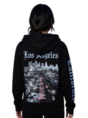 Persaya Black LA Graphic Print Full Zip Hooded Hipster Jacket Size Medium